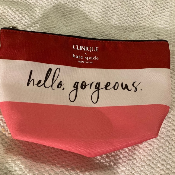 Clinique Kate Spade zippered, cosmetic case red white pink “HELLO GORGEOUS “ NEW - Picture 3 of 12